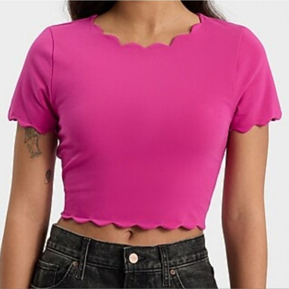 Express Scalloped Neck & Hem Crop Top - Fuchsia Pink